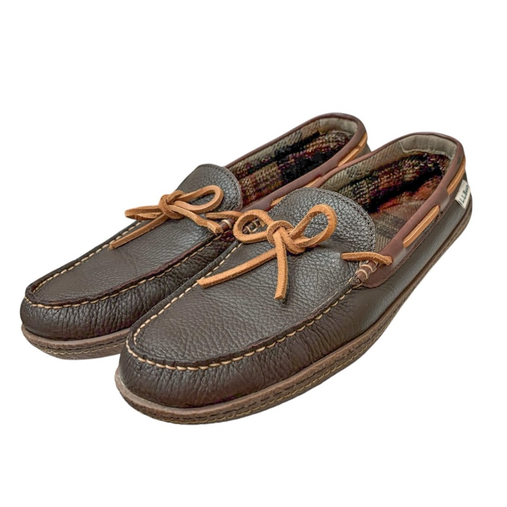 L.L.Bean Men's Handsewn Flannel Lined Leather Slippers - Picture 3 of 9